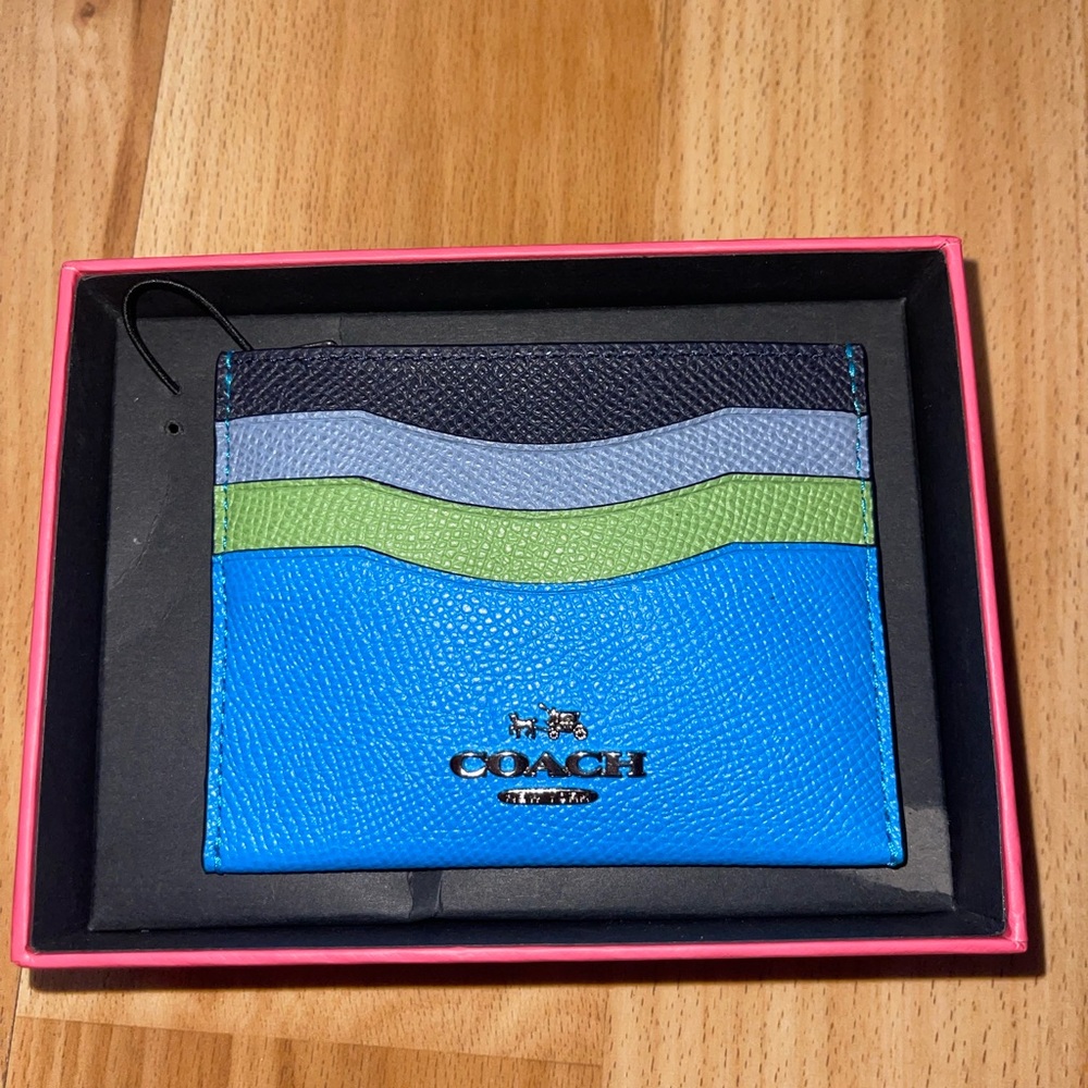 NWT/box Coach Blue Multi-Color Colorblock Polished Pebble Leather Slim Card Case